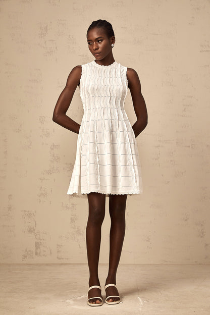 Esmée white ruffled sleeveless knit mini dress