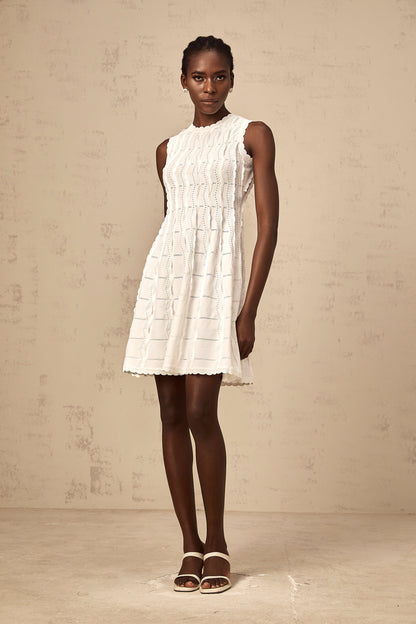 Esmée white ruffled sleeveless knit mini dress