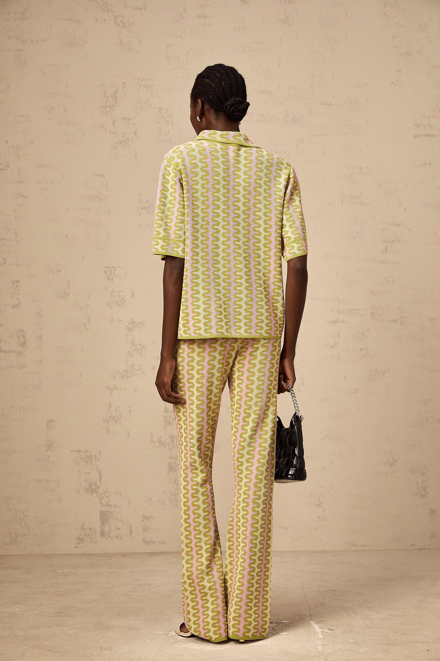 Ophélie green color-block knitted shirt & trousers matching set