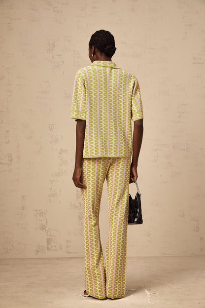 Ophélie green color-block knitted shirt & trousers matching set