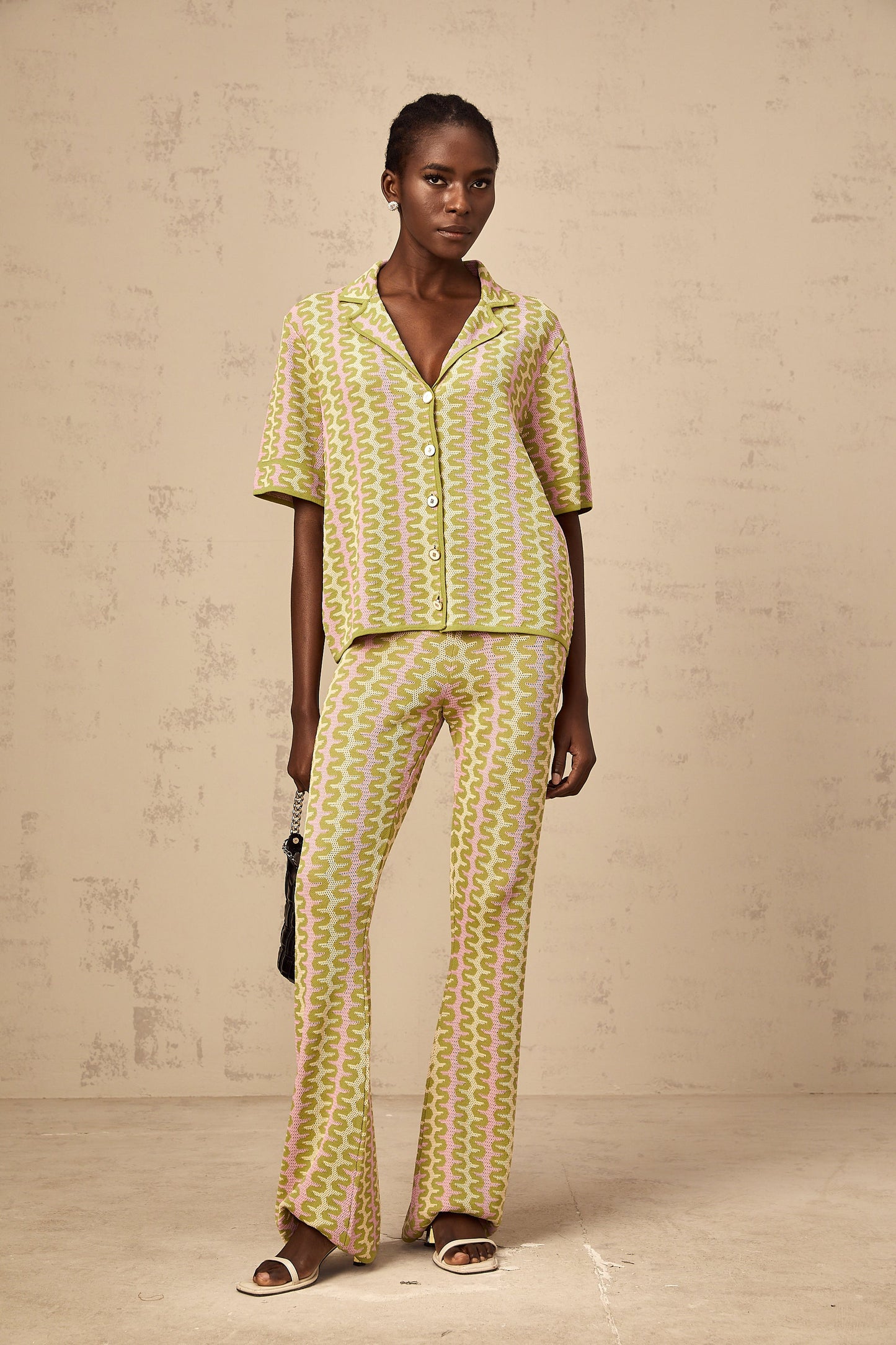 Ophélie green color-block knitted shirt & trousers matching set