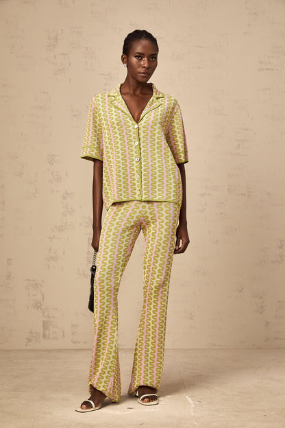 Ophélie green color-block knitted shirt & trousers matching set