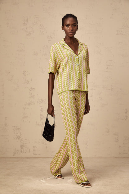 Ophélie green color-block knitted shirt & trousers matching set