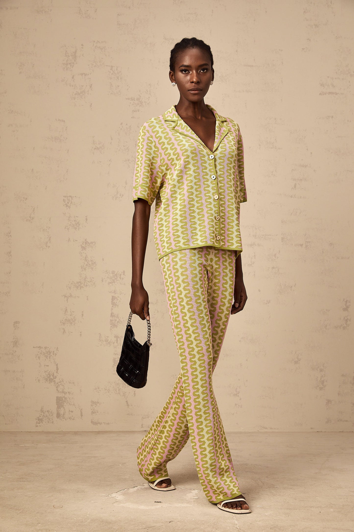 Ophélie green color-block knitted shirt & trousers matching set