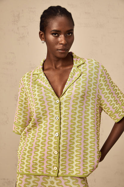 Ophélie green color-block knitted shirt & trousers matching set