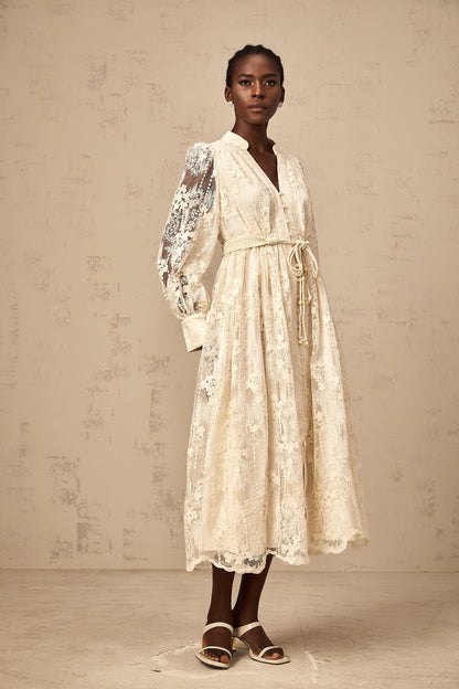 Roxane neutrals lace-embroidered midi dress