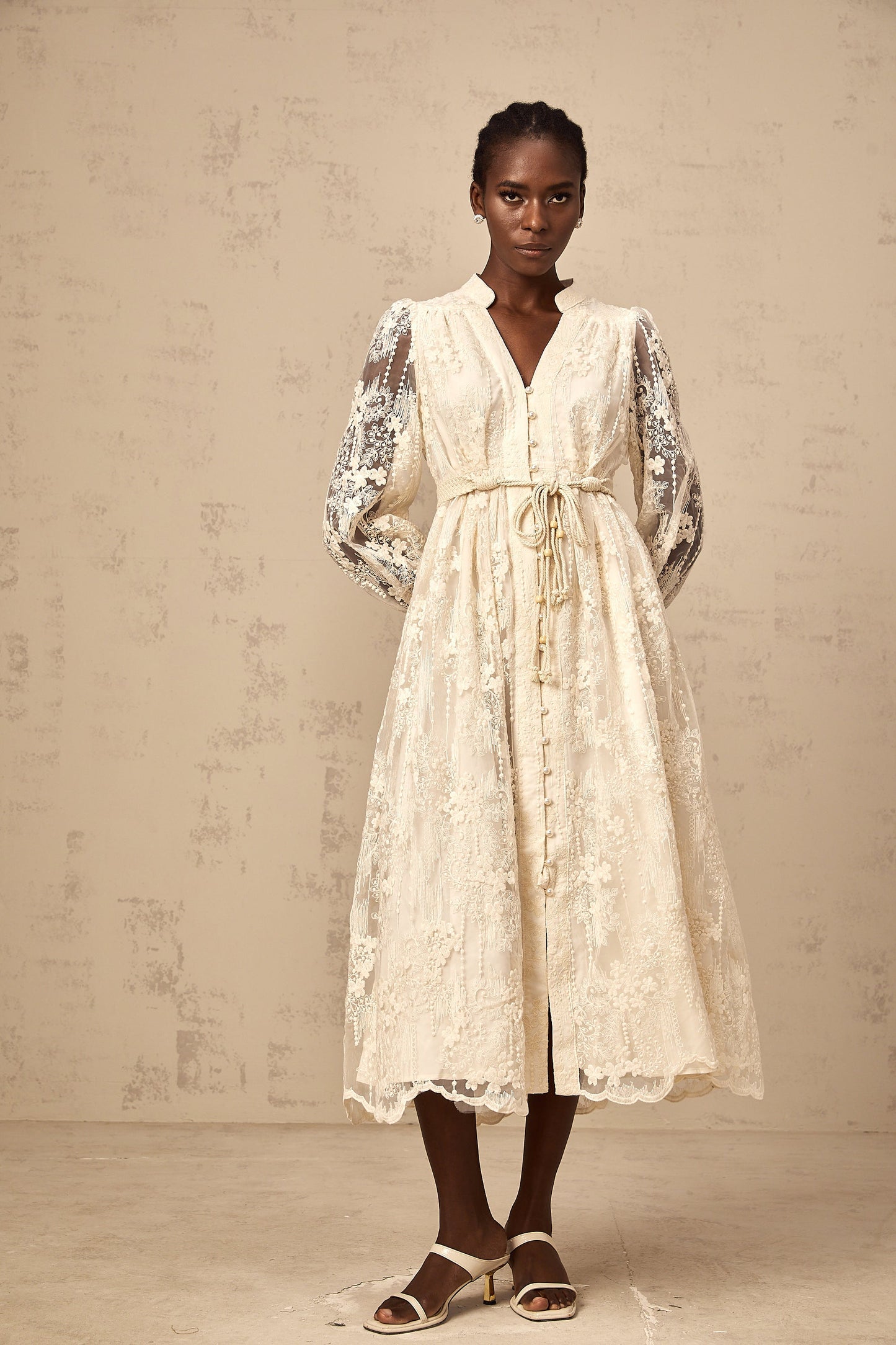 Roxane neutrals lace-embroidered midi dress