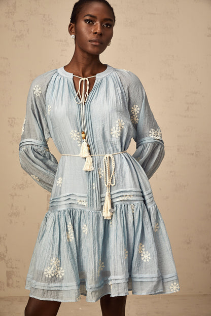 Félicie blue flower-embroidered mini dress