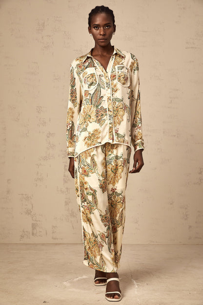 Agnès neutrals floral-print shirt & trousers matching set