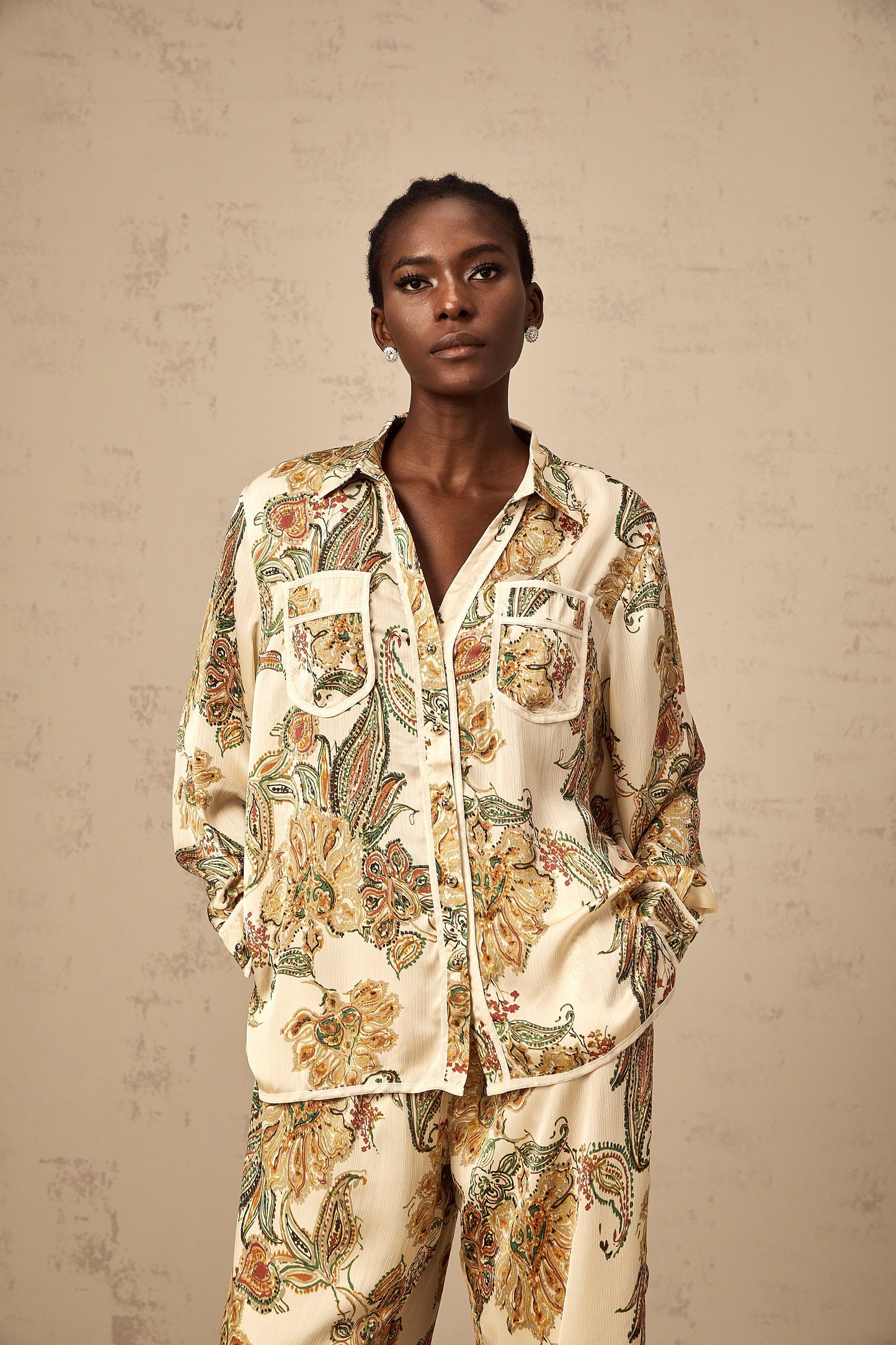 Agnès neutrals floral-print shirt & trousers matching set