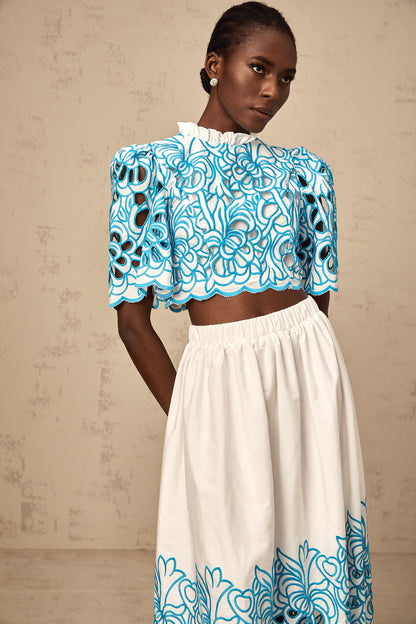 Aurore blue cut-out embroidered top & skirt matching set