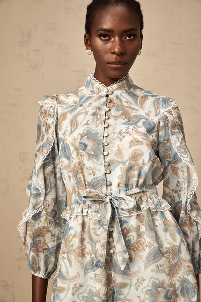 Eugénie blue lace-trim floral-print ruffled jumpsuit