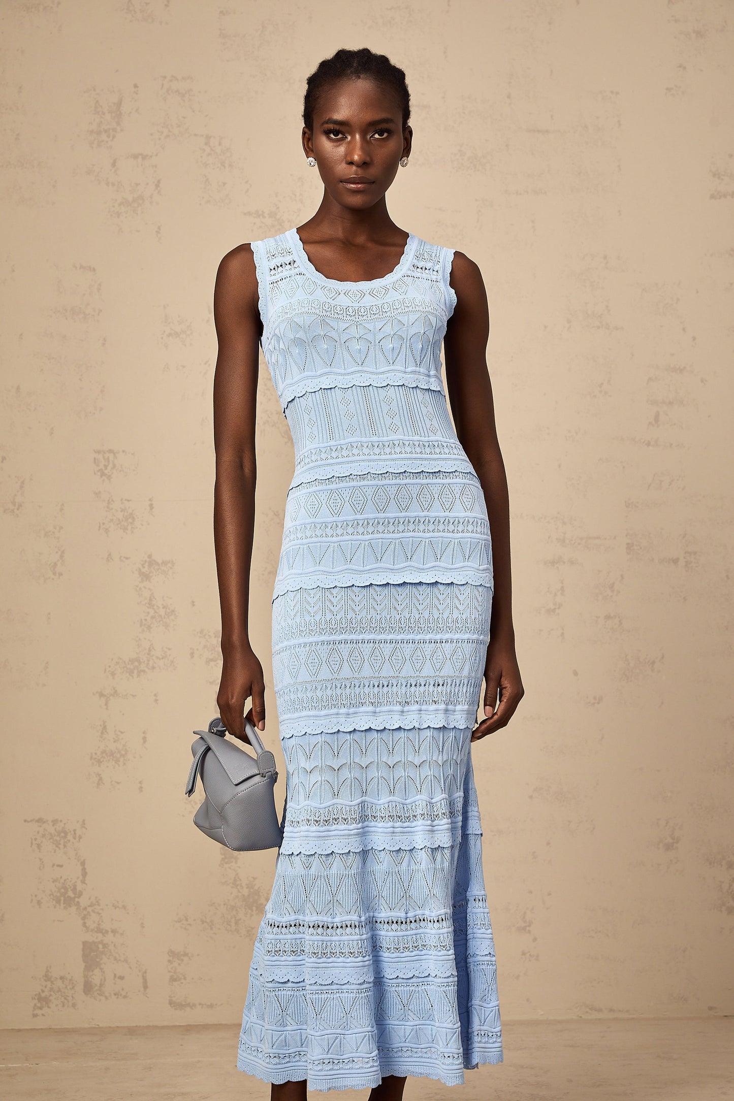 Mailys blue ruffled-trim crochet-knit midi dress
