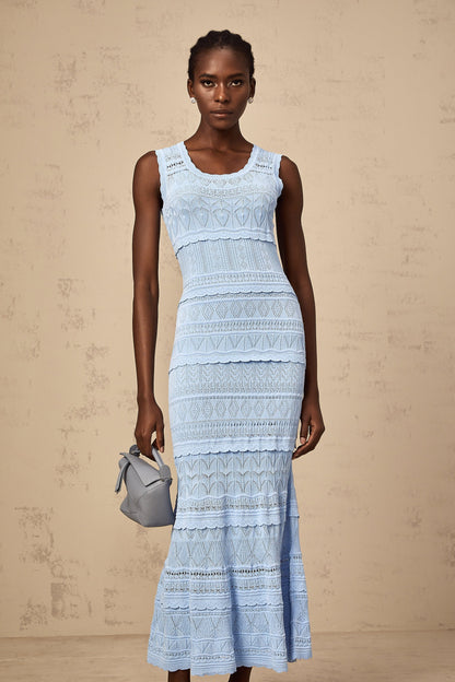 Mailys blue ruffled-trim crochet-knit midi dress