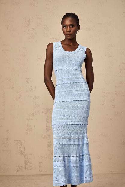 Mailys blue ruffled-trim crochet-knit midi dress