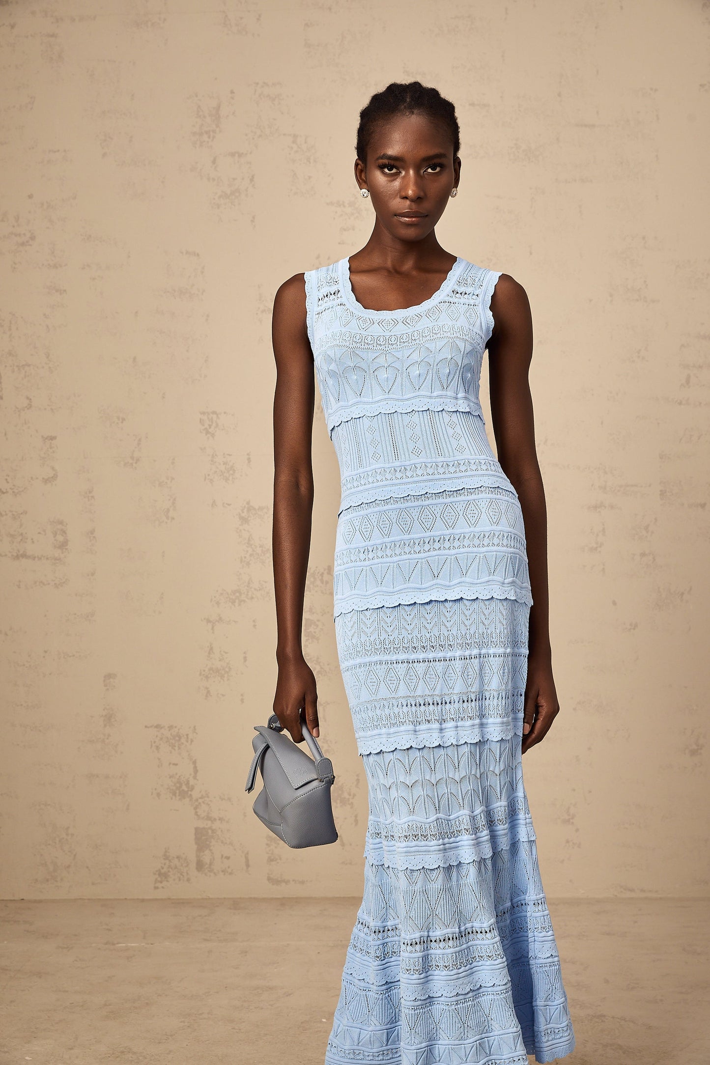 Mailys blue ruffled-trim crochet-knit midi dress