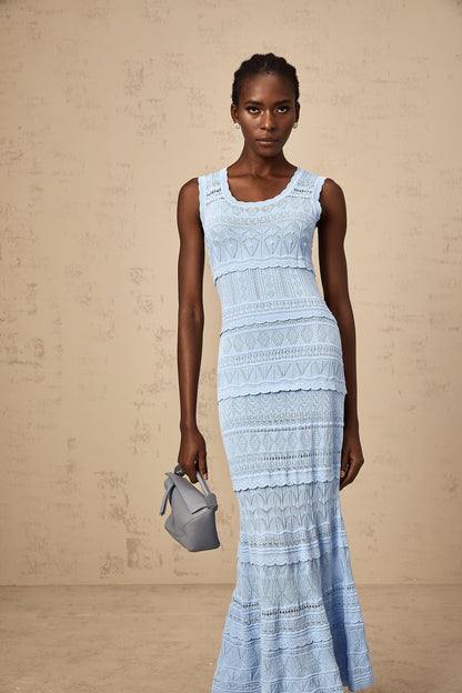 Mailys blue ruffled-trim crochet-knit midi dress