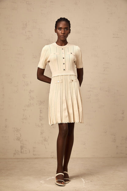 Amélie neutrals pointelle-trim pleated knit mini dress