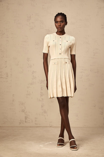 Amélie neutrals pointelle-trim pleated knit mini dress