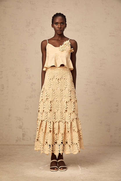 Céline khaki cut-out flared top & skirt matching set