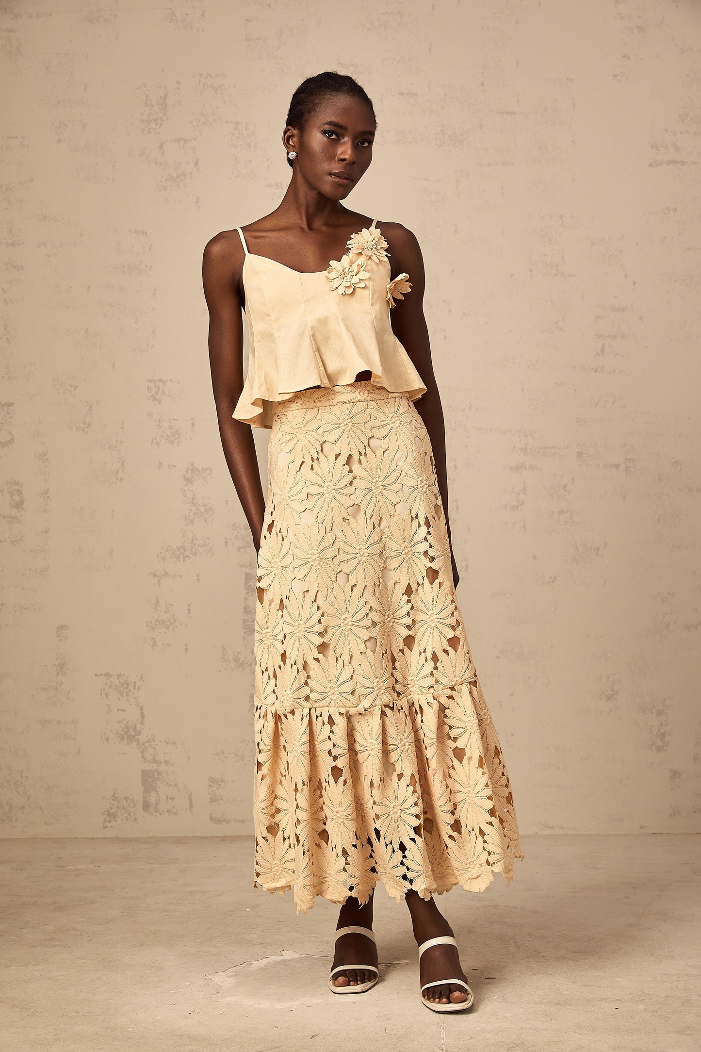 Céline khaki cut-out flared top & skirt matching set