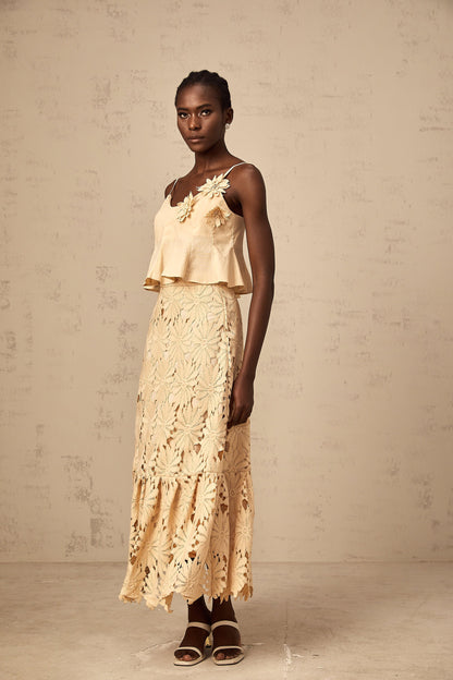 Céline khaki cut-out flared top & skirt matching set