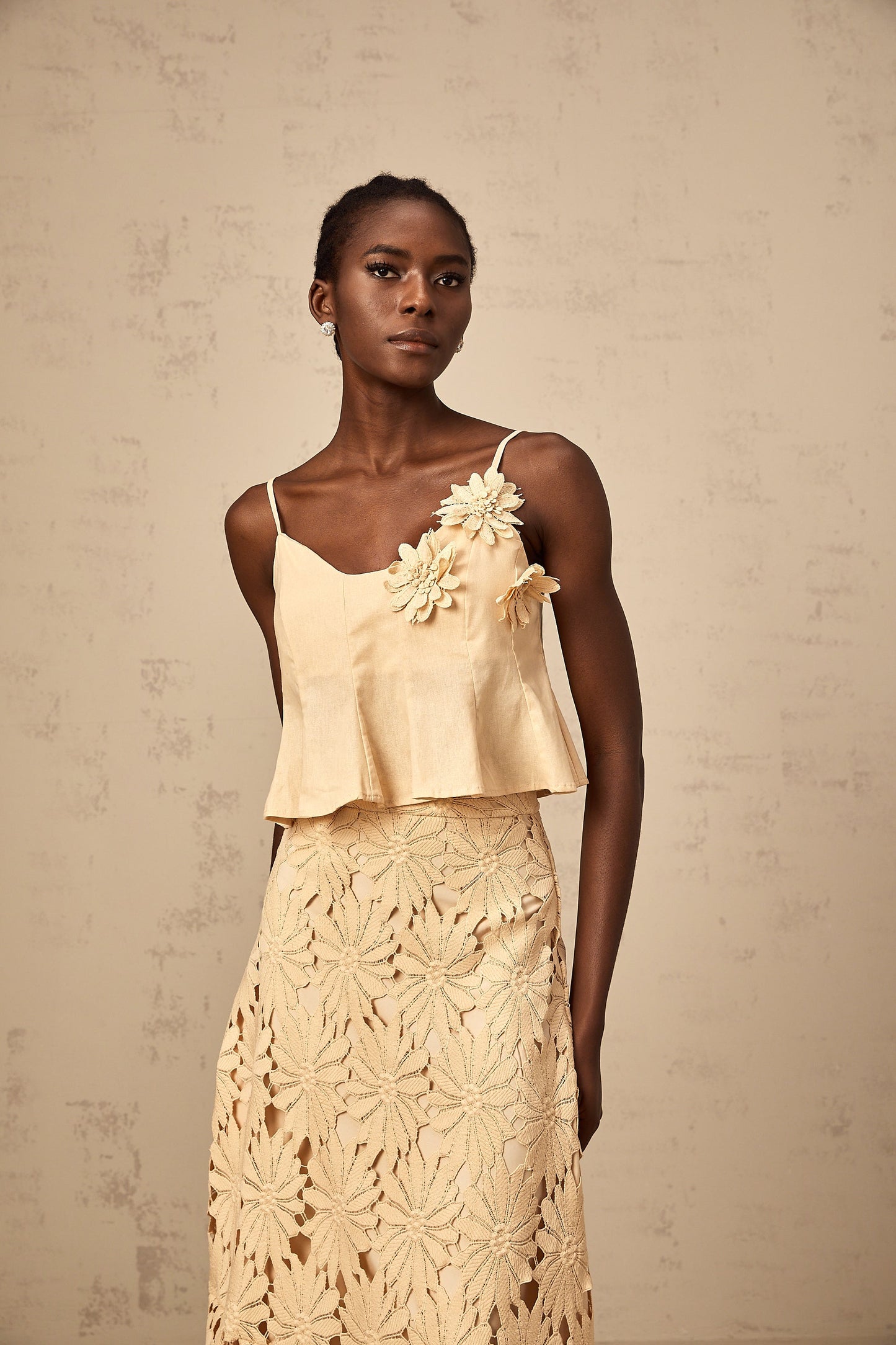 Céline khaki cut-out flared top & skirt matching set