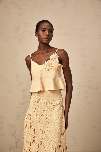 Céline khaki cut-out flared top & skirt matching set