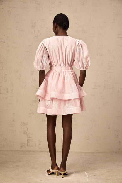 Florence pink floral-embroidered layered mini dress