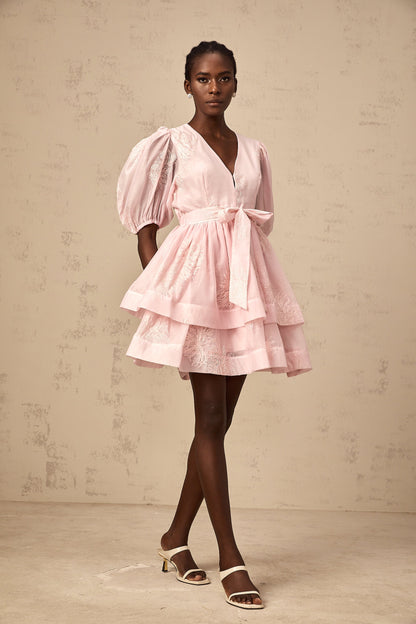 Florence pink floral-embroidered layered mini dress