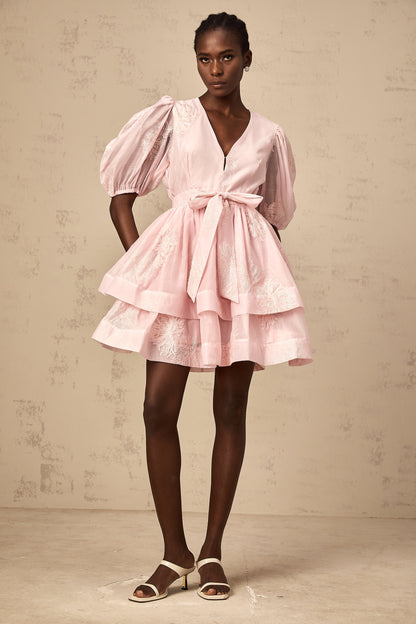 Florence pink floral-embroidered layered mini dress