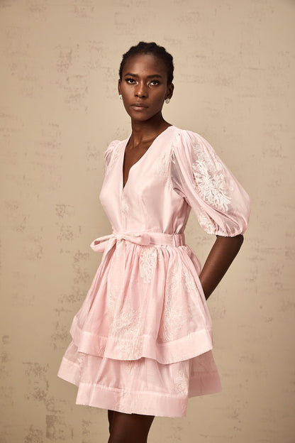 Florence pink floral-embroidered layered mini dress