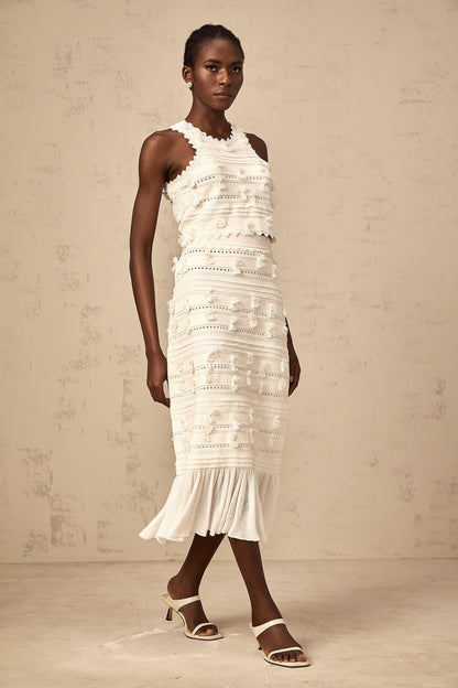 Paola white pointelle-trim knit top & skirt matching set