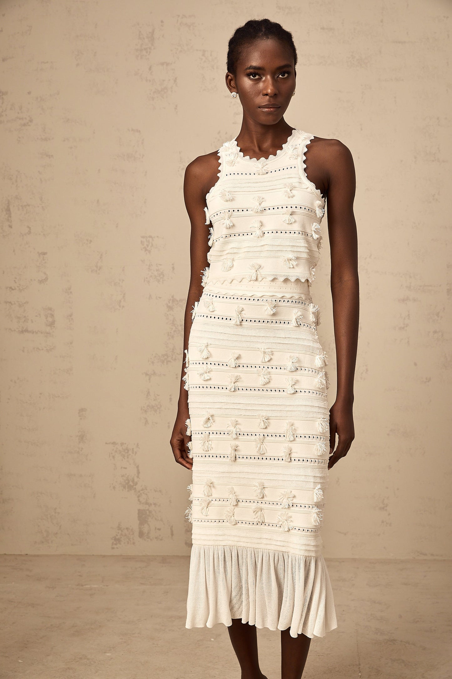 Paola white pointelle-trim knit top & skirt matching set