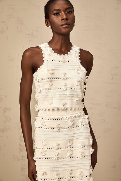 Paola white pointelle-trim knit top & skirt matching set