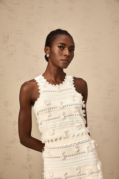Paola white pointelle-trim knit top & skirt matching set