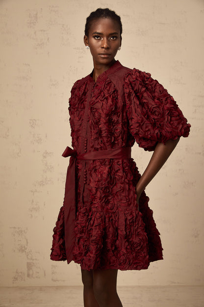 Ségolène wine-red 3D-petal puff mini dress