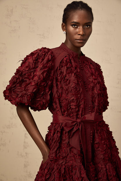Ségolène wine-red 3D-petal puff mini dress
