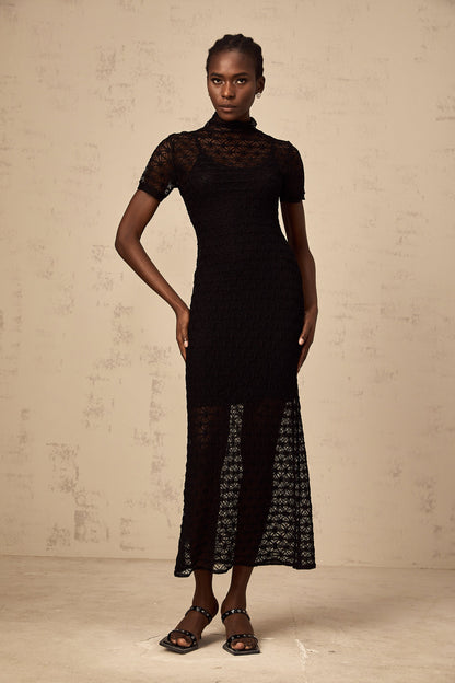 Vanessa black semi-sheer knit midi dress
