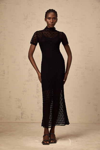 Vanessa black semi-sheer knit midi dress
