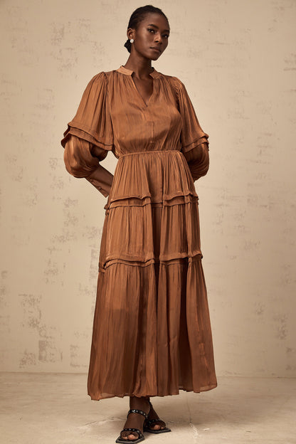 Emma brown ruffled-trim tiered maxi dress