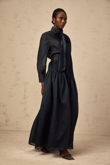 Zoé dark-green ribbon tie-neck shirt & skirt matching set