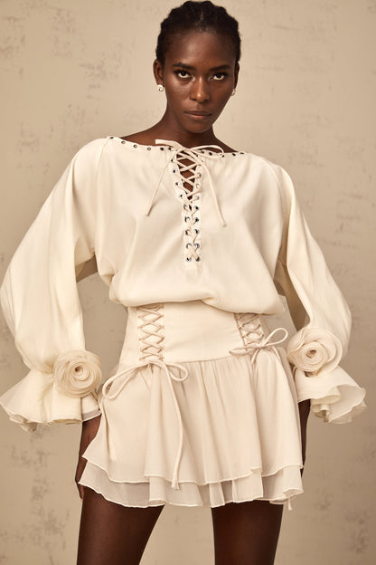 Perrine self-tie ruffled blouse & skirt matching set