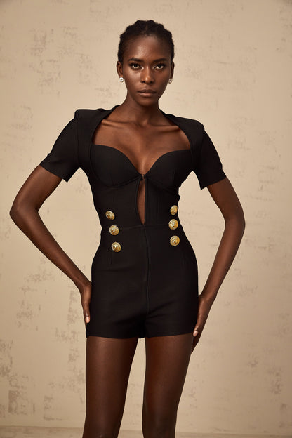 Solène black embossed-button playsuit