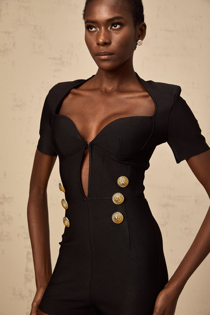 Solène black embossed-button playsuit