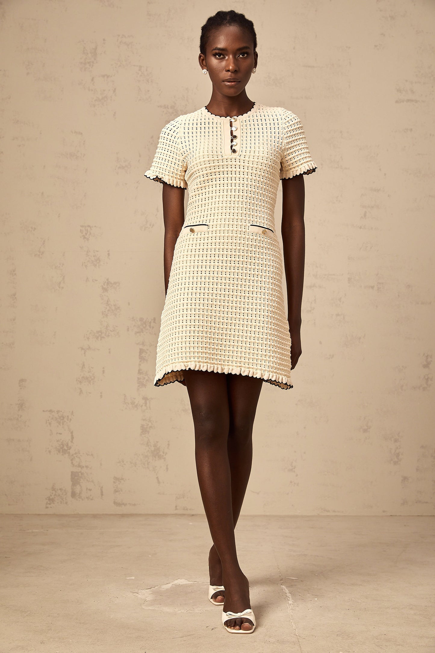 Victoire neutrals ruffled pointelle-knit mini dress