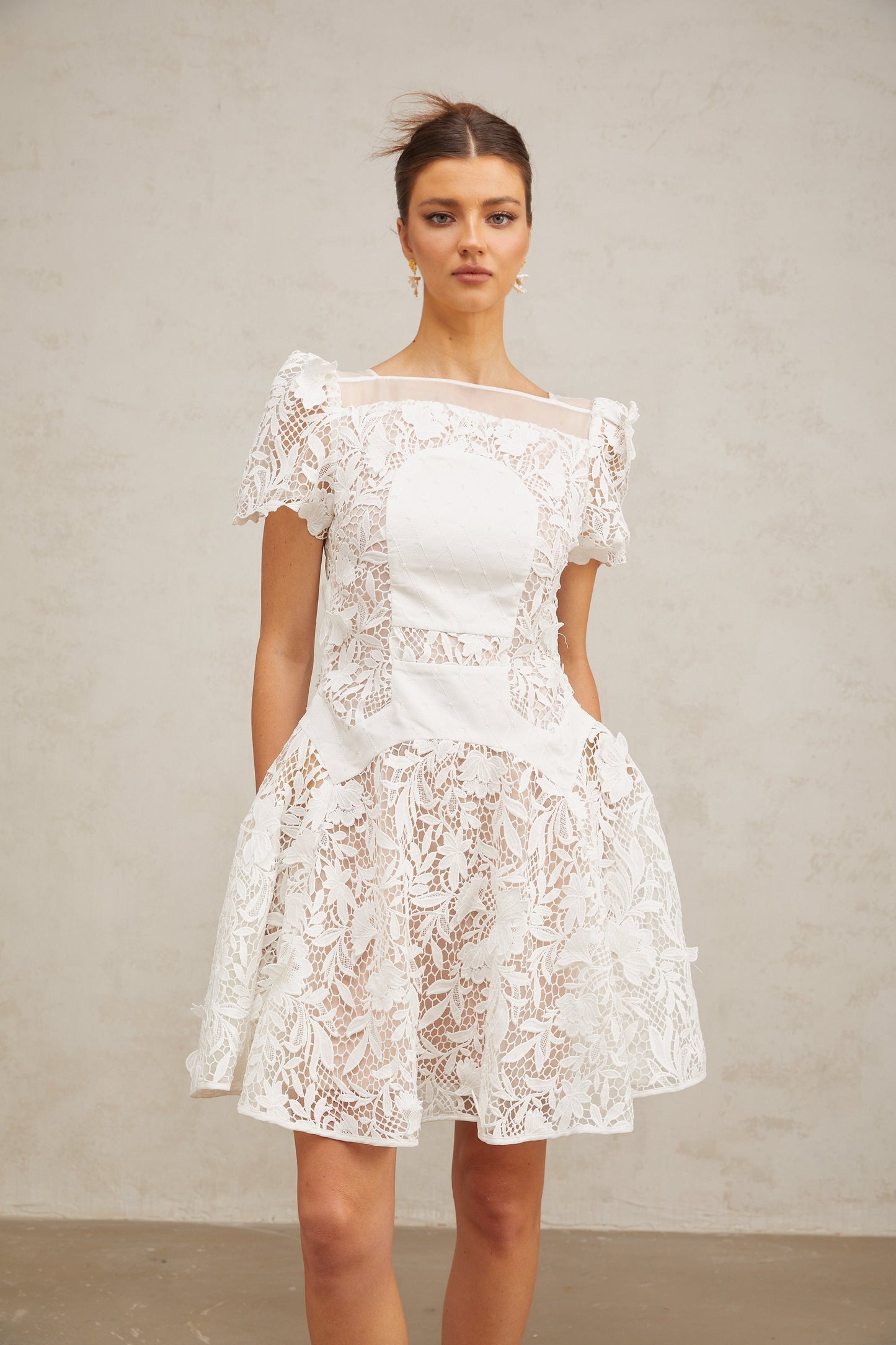 Josette white floral-lace puff mini dress