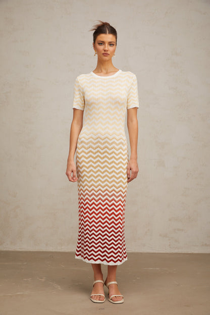 Isabel Zigzag Woven Knit Midi Dress in Sunny Yellow