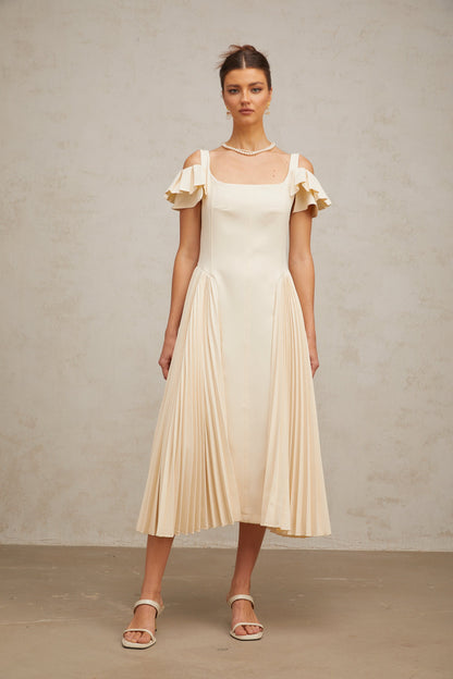 Véronique neutrals pleated flared midi dress