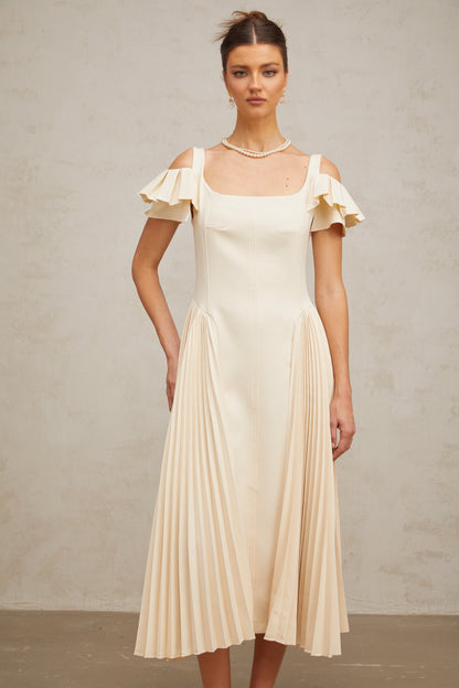 Véronique neutrals pleated flared midi dress